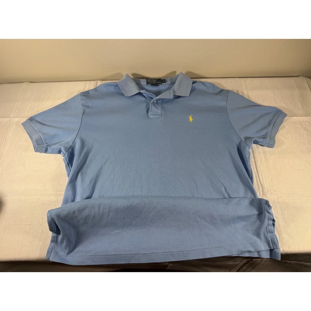 Polo Ralph Lauren Mens Large Blue Short Sleeve Pique Polo Shirt Yellow Pony